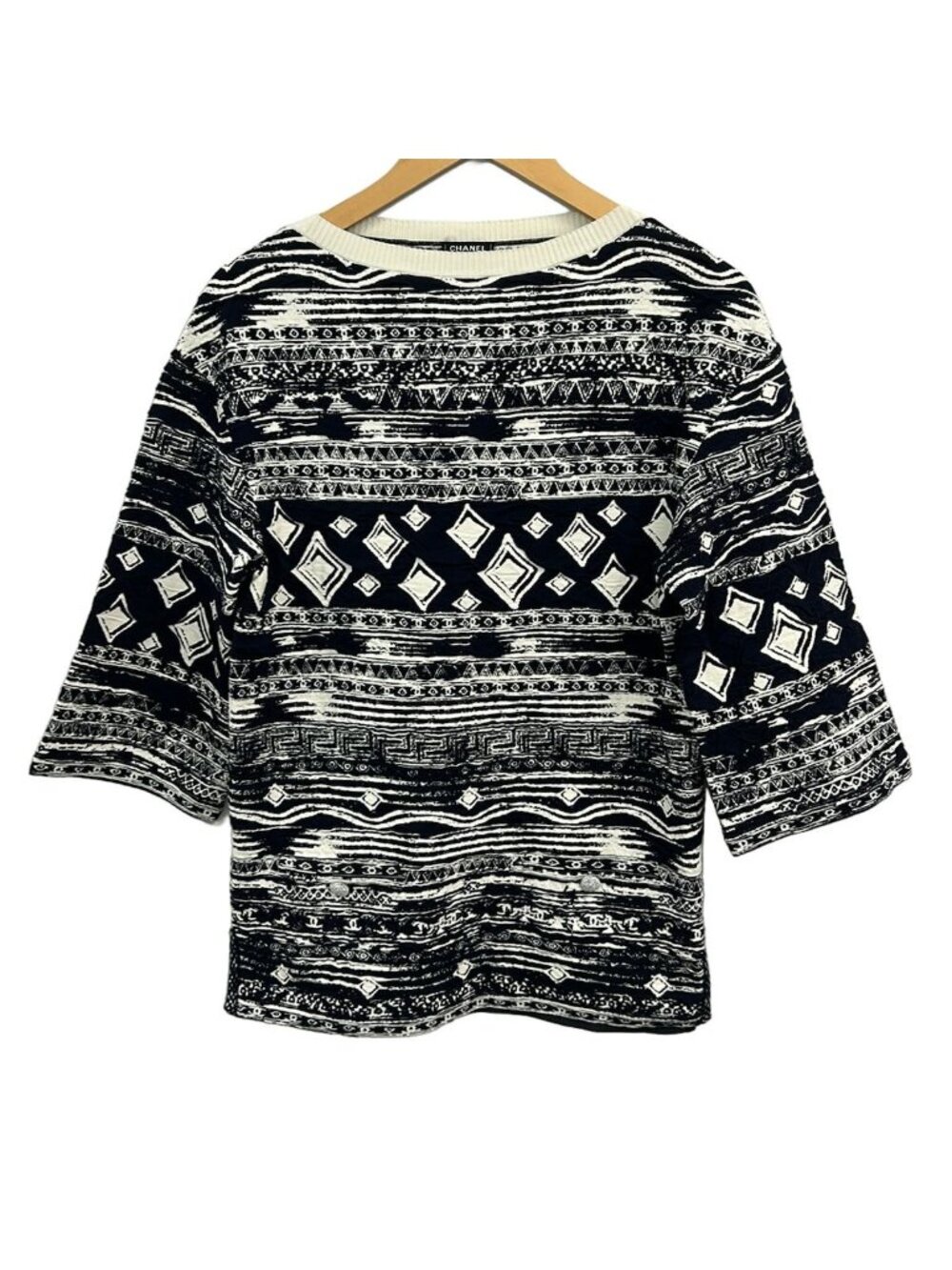 Chanel Tunic S Dark Navy White Crew Neck Long Sleeve Knit Sweater